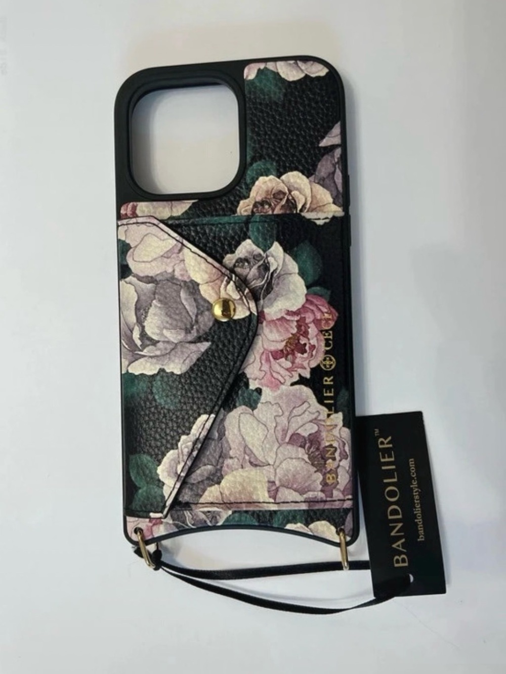 Bandolier Black Floral Card Wallet Phone Case with Pink and Cream Roses